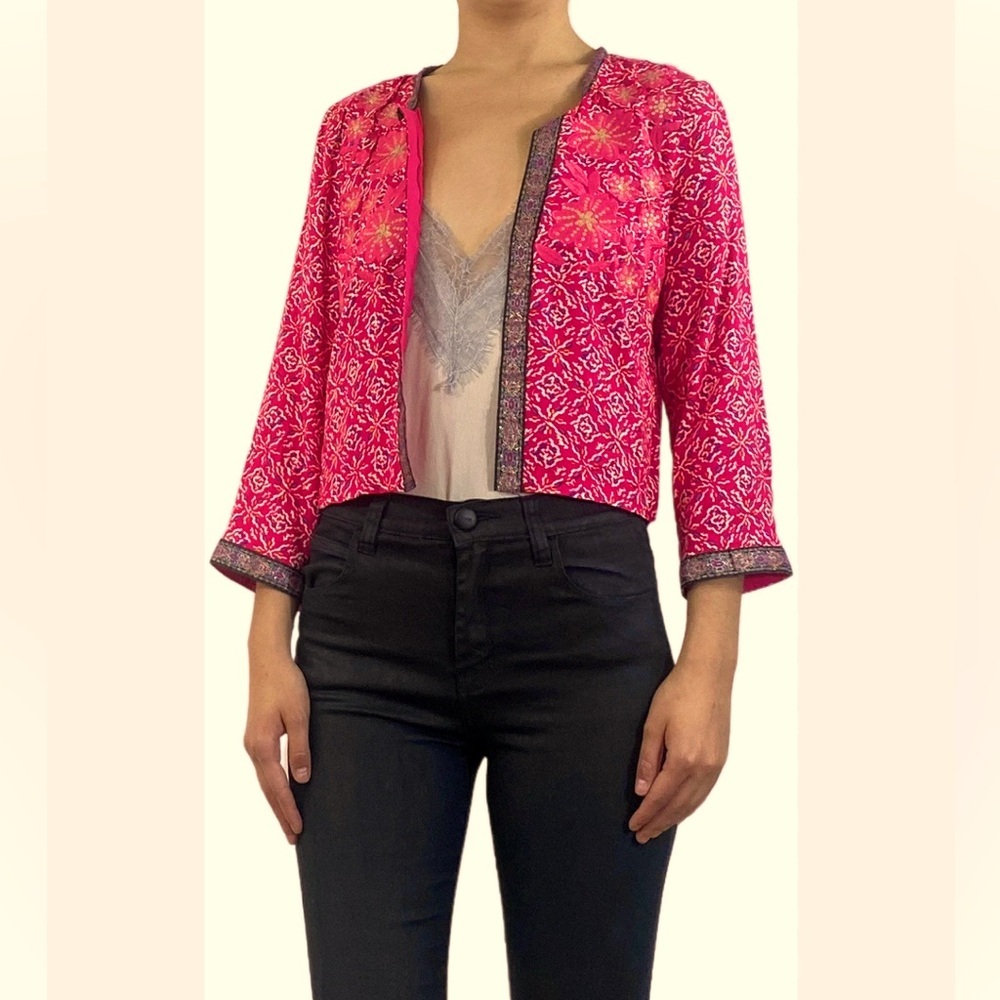 Quilted embellished embroidered boxy cotton open front womens jacket size small